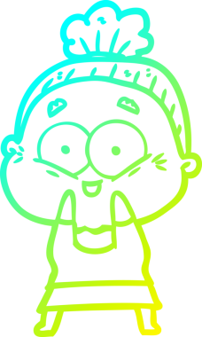 Bir insan tarafından çizilmiş, mutlu, yaşlı bir kadının çizimi.