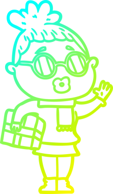 Bir insan tarafından çizilmiş güneş gözlüğü takan çizgi film kadını çizimi.