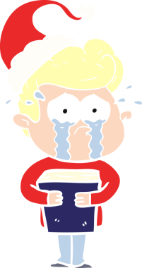 Bir insan tarafından çizilmiş, elinde Noel Baba şapkası olan ağlayan bir adamın resmi.