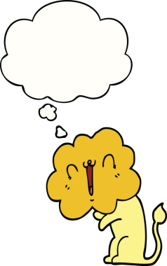 Bir insan tarafından çizilmiş düşünce baloncuğu olan sevimli çizgi film aslanı.