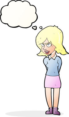 Bir insan tarafından çizilmiş düşünce baloncuğuyla rahatsız bir kadın.