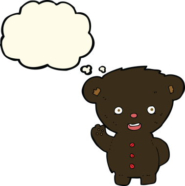 Bir insan tarafından çizilmiş düşünce baloncuğu ile siyah ayı yavrusunu sallayan çizgi film.