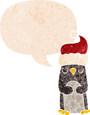 Bir insan tarafından çizilmiş, grunge dertli retro tarzı konuşma baloncuğu olan çizgi film penguenleri.