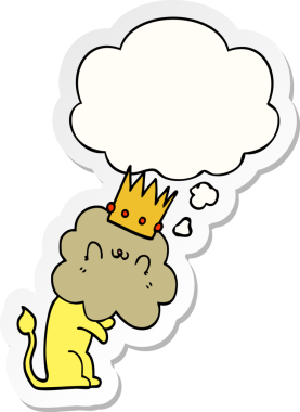 Düşünce baloncuklu taçlı çizgi film aslanı insan tarafından çizilmiş bir çıkartma.