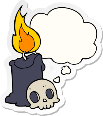 Karikatür kafatası ve mum. Düşünce baloncuğu insan tarafından çizilmiş bir çıkartma.