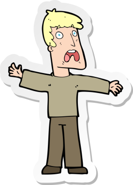 Çizgi film çıkartması. Bir insan tarafından çizilmiş korkmuş bir adam.