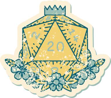 Bir insan tarafından çizilmiş çiçek elementleriyle 20 D20 zarının grunge sticker 'ı.