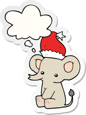 Düşünce baloncuğu insan tarafından çizilmiş bir çıkartma olan şirin bir Noel fili.