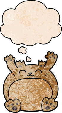 Bir insan tarafından çizilmiş grunge desenli düşünce baloncuklu çizgi film ayısı.