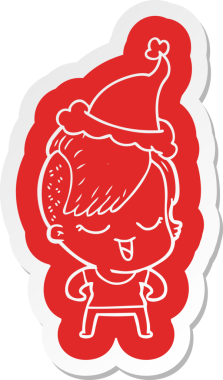 Bir insan tarafından çizilmiş Noel Baba şapkası giyen bir kızın komik çizgi film çıkartması.