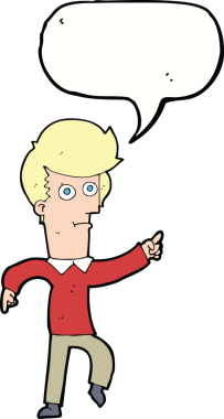 Bir insan tarafından çizilmiş bir konuşma balonuyla işaret eden çizgi film adamı.