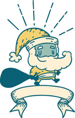 Dövme stili noel baba karakterli parşömen bir insan tarafından çizilmiş çuval.