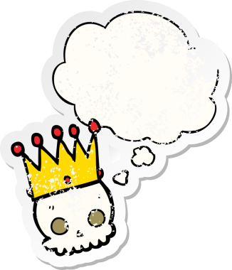 Düşünce baloncuklu karikatür kafatası insan tarafından çizilmiş yıpranmış bir çıkartma gibi.