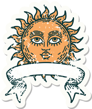 Bir insan tarafından çizilmiş güneşli eski bir etiket.