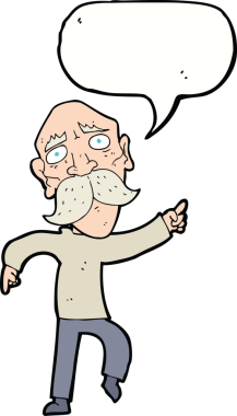 karikatür üzgün yaşlı adam bir insan tarafından çizilmiş konuşma balonuyla işaret ediyor