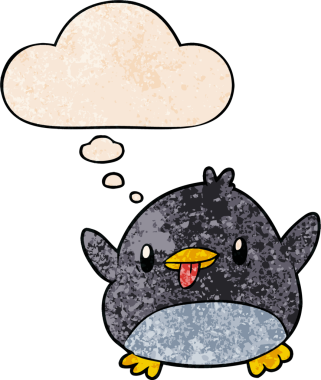 Bir insan tarafından çizilmiş grunge desenli düşünce baloncuklu sevimli penguen.