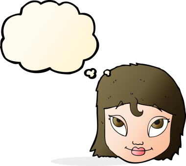 Bir insan tarafından çizilmiş düşünce baloncuğuyla gülümseyen çizgi film kadını.