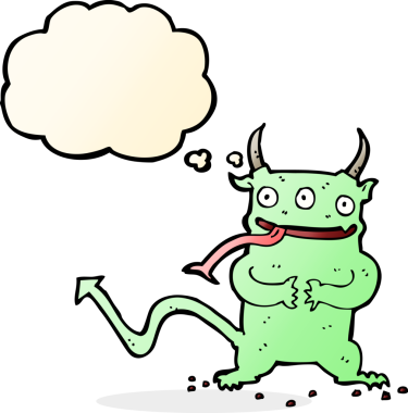 Bir insan tarafından çizilmiş düşünce baloncuğu olan küçük bir iblis.