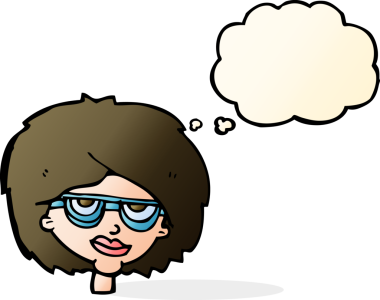 Bir insan tarafından çizilmiş düşünce balonlu gözlük takan çizgi film kadını.