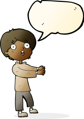 Bir insan tarafından çizilmiş konuşma balonuyla şok olmuş bir çocuk.