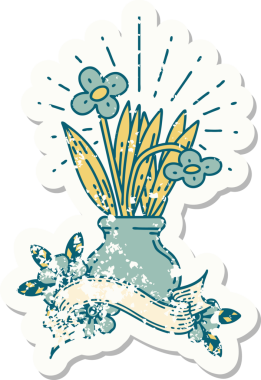 Bir insan tarafından çizilmiş vazoya dövme stili bir çiçek etiketi takılmış.