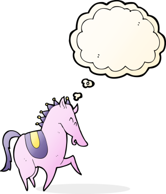 Bir insan tarafından çizilmiş düşünce baloncuklu hoplayıp zıplayan at.