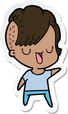 Hipster saç kesimi bir insan tarafından çizilmiş şirin bir çizgi film kızına ait etiket.