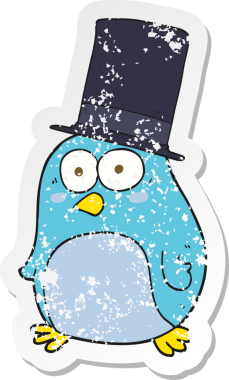 Bir insan tarafından çizilmiş silindir şapkalı çizgi film kuşunun gerilimli çıkartması.