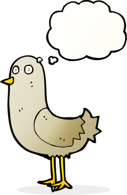 Bir insan tarafından çizilmiş düşünce baloncuklu çizgi film kuşu.