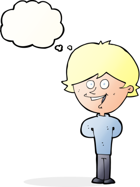 Bir insan tarafından çizilmiş düşünce balonu olan mutlu çocuk çizgi filmi.