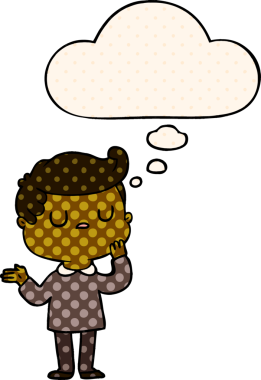 Çizgi roman tarzında bir insan tarafından çizilmiş düşünce baloncuğuyla merak eden çizgi film adamı.