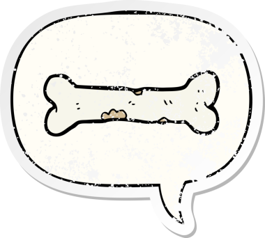 Konuşma baloncuğu olan çizgi film kemiği bir insan tarafından çizilmiş sıkıntılı eski bir çıkartma