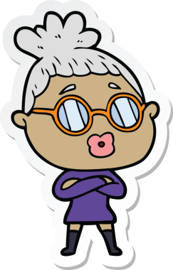 Bir insan tarafından çizilmiş gözlüklü bir karikatür kadının çıkartması.