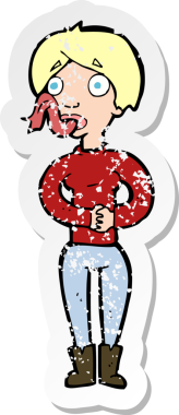 Bir insan tarafından çizilmiş yılan dili olan karikatürlü bir kadının gerilmiş yapıştırması.