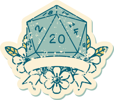 Retro Dövme Biçimi Doğal 20 kritik vuruş D20 zar bir insan tarafından çizildi