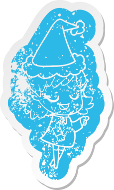 Mutlu karikatür, insan tarafından çizilmiş Noel Baba şapkası giymiş elf bir kızın hüzünlü çıkartması.