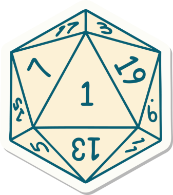 Bir insan tarafından çizilmiş doğal 1 D20 zar etiketi.