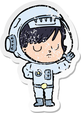 Bir insan tarafından çizilmiş karikatür astronot kadının sıkıntılı çıkartması.