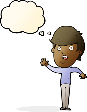 Bir insan tarafından çizilmiş düşünce baloncuğu olan mutsuz bir çocuk.