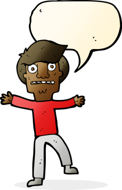 Bir insan tarafından çizilen konuşma baloncuğuyla panikleyen çizgi film çocuğu.