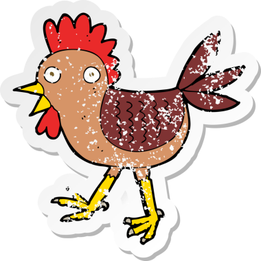 Bir insan tarafından çizilmiş komik çizgi film tavuğunun gerilimli retro yapıştırması