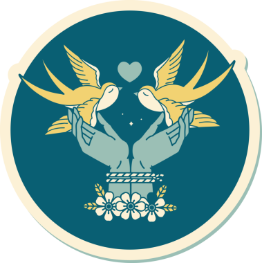 Bir insan tarafından çizilmiş geleneksel eller ve kırlangıçlar stiliyle dövme çıkartması.