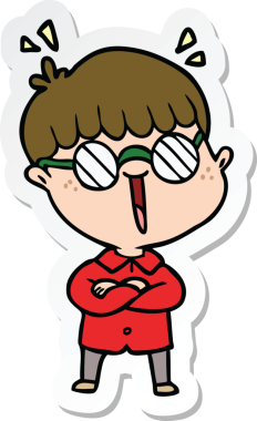 Bir insan tarafından çizilmiş gözlüklü bir çizgi film çocuğunun çıkartması.