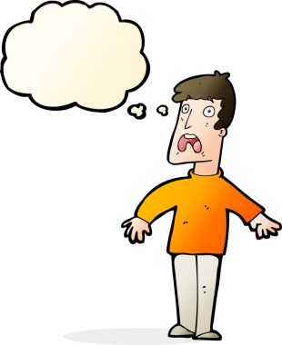 Bir insan tarafından çizilmiş düşünce baloncuğuyla dehşete düşmüş bir adam.