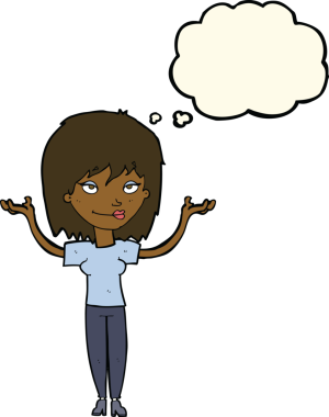 Bir insan tarafından çizilmiş düşünce baloncuğuyla omuz silken çizgi film kadını.