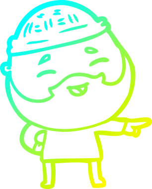 Bir insan tarafından çizilmiş, mutlu, sakallı, çizgi film karakteri.