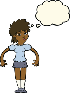 Bir insan tarafından çizilmiş düşünce baloncuğu olan meraklı bir kadın.