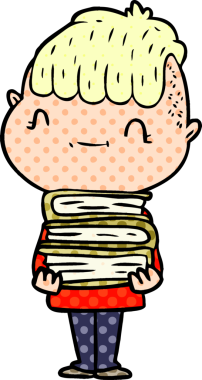 Bir insan tarafından çizilmiş kitapları olan çizgi film dostu bir çocuk.