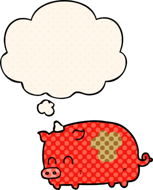 Bir insan tarafından çizilmiş çizgi roman tarzında düşünce baloncuğu olan şirin bir domuz.