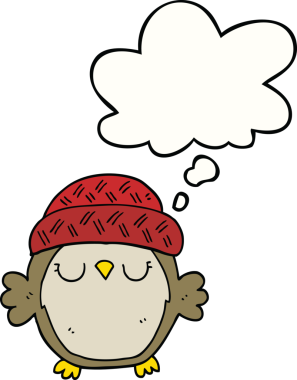 Bir insan tarafından çizilmiş düşünce baloncuklu şapkalı sevimli bir baykuş.